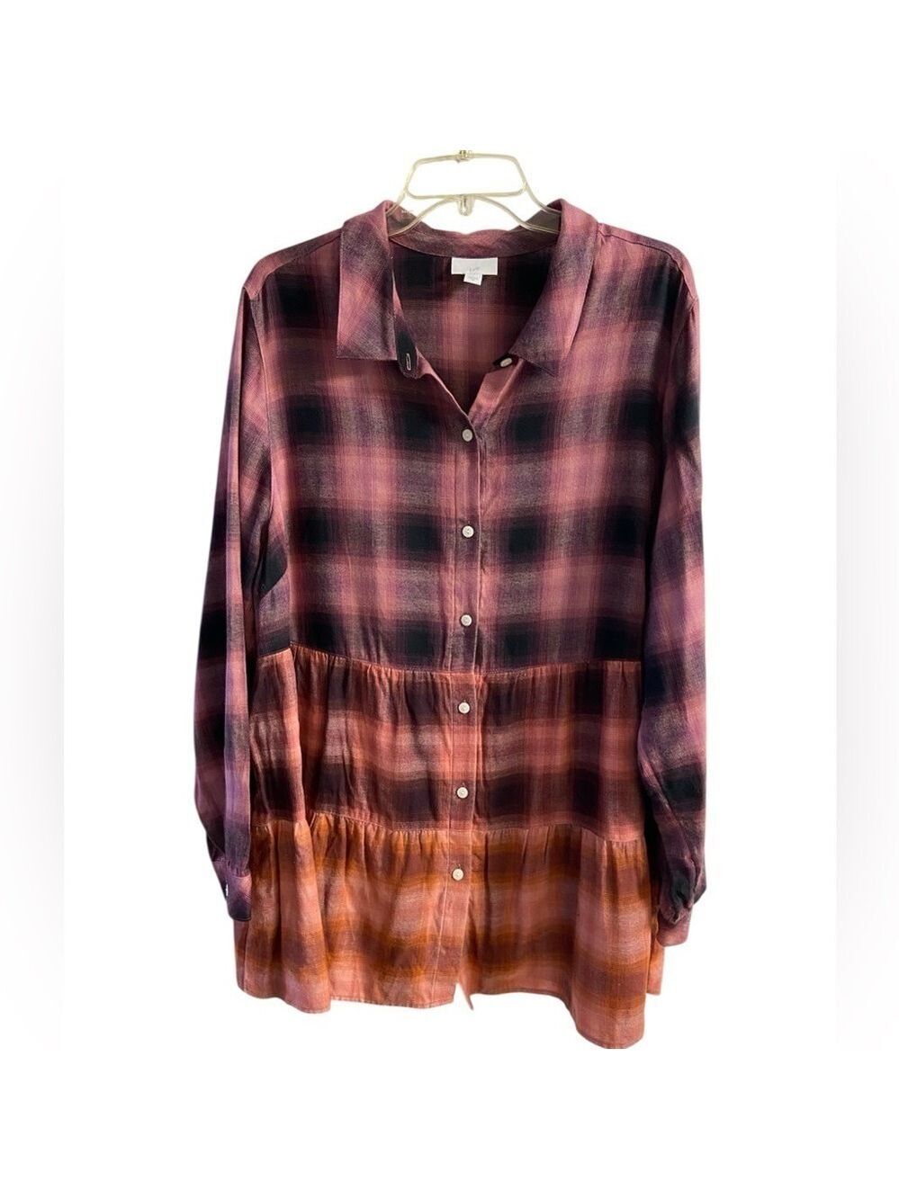 J Jill flannel button front shirt tunic tiered plaid 2X